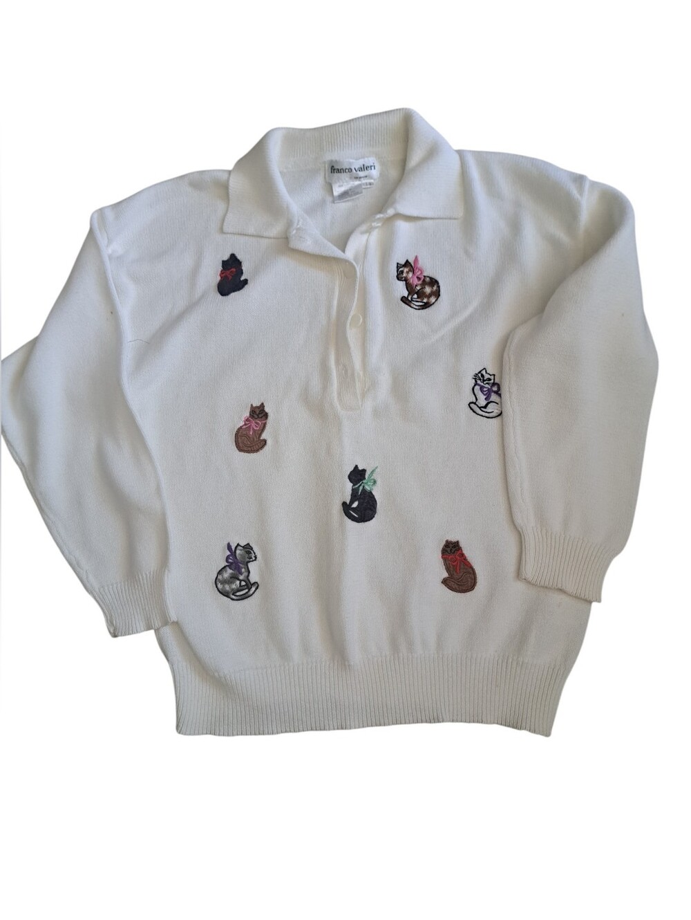 VTG Franco Valeri Cream Knit Sweater with Embroidered Cats long sleeve cotton LG